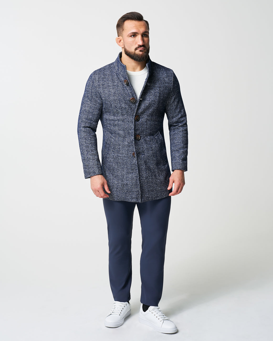 Open Button Overcoat - Navy Herringbone | State & Liberty Outerwear