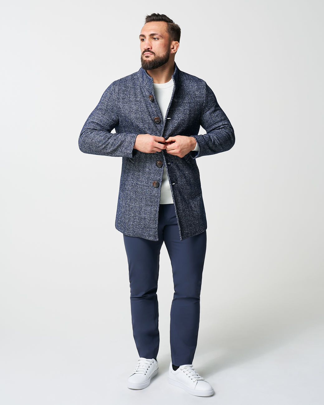 Open Button Overcoat - Navy Herringbone | State & Liberty Outerwear