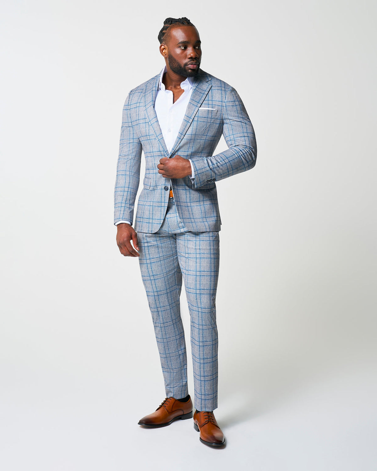 Athletic Fit Stretch Suit - Grey & Royal Blue Plaid | State & Liberty Suits