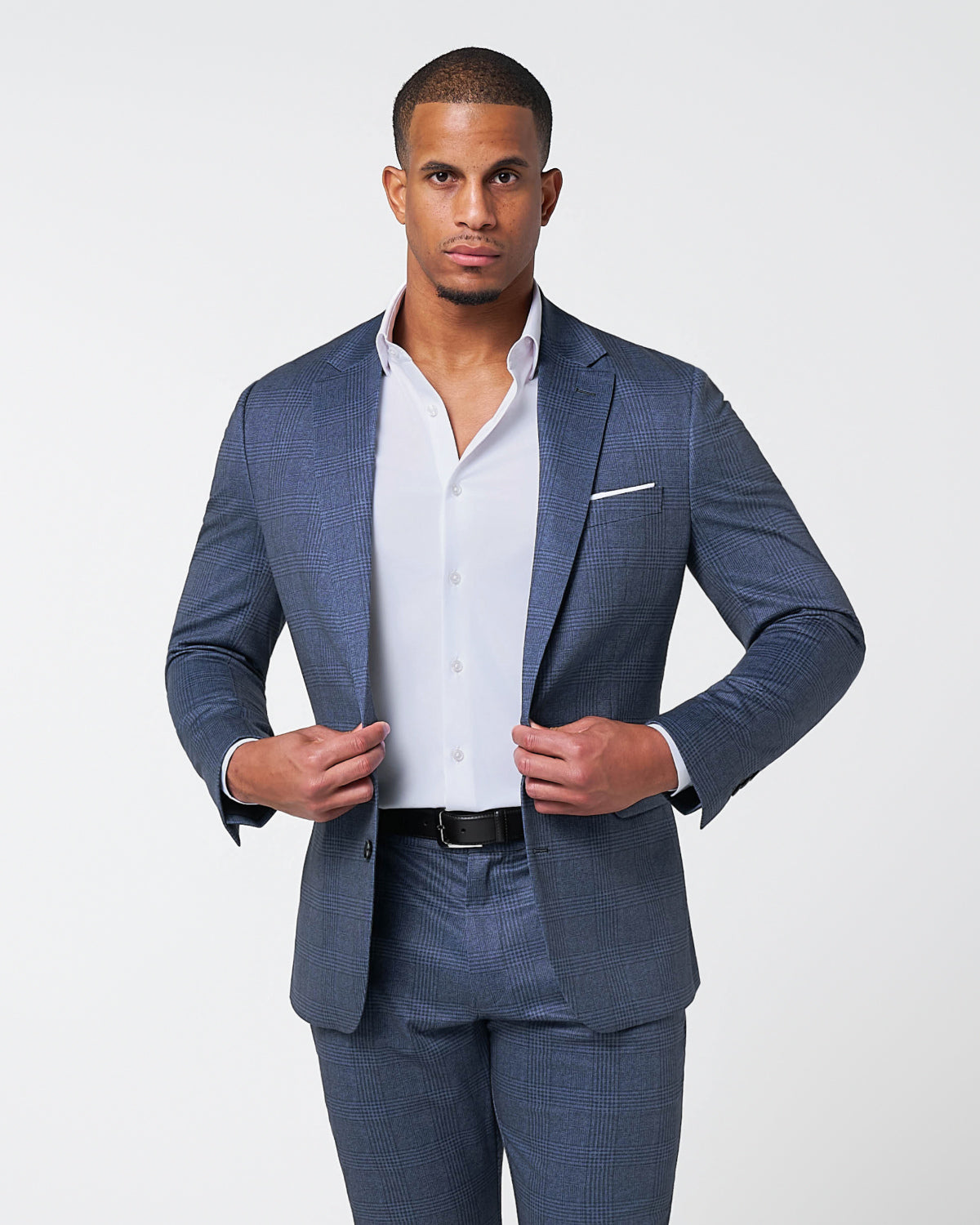 Athletic Fit Stretch Suit - Storm Blue & Navy Plaid | State & Liberty Suits