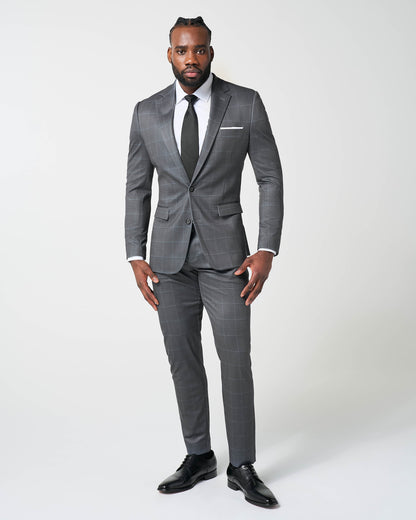 Athletic Fit Stretch Suit - Grey and White Big Windowpane | State & Liberty Suits