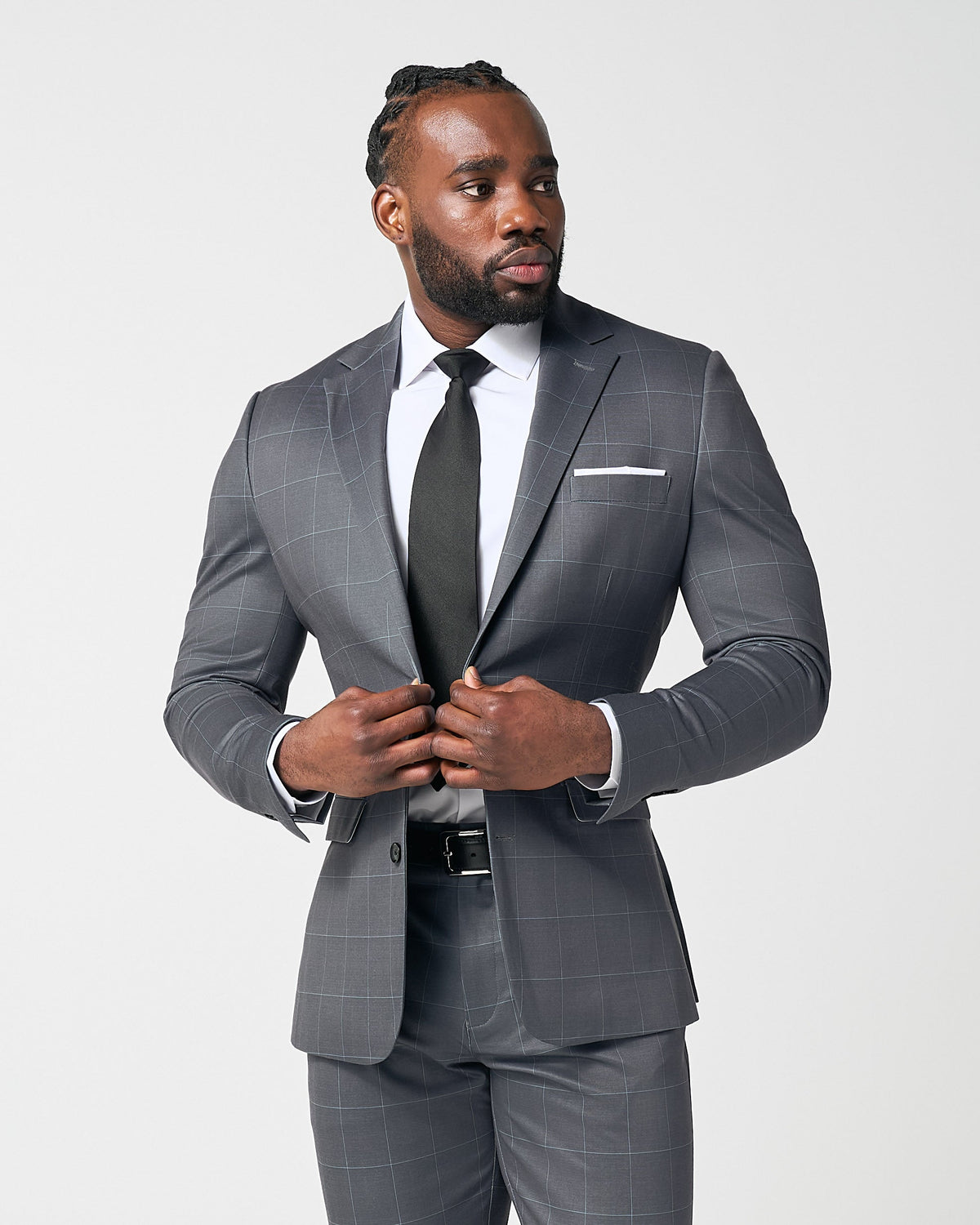 Athletic Fit Stretch Suit - Grey and White Big Windowpane | State & Liberty Suits