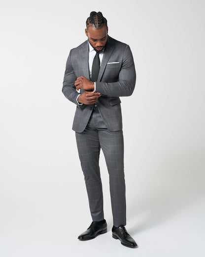Athletic Fit Stretch Suit - Grey and White Big Windowpane | State & Liberty Suits