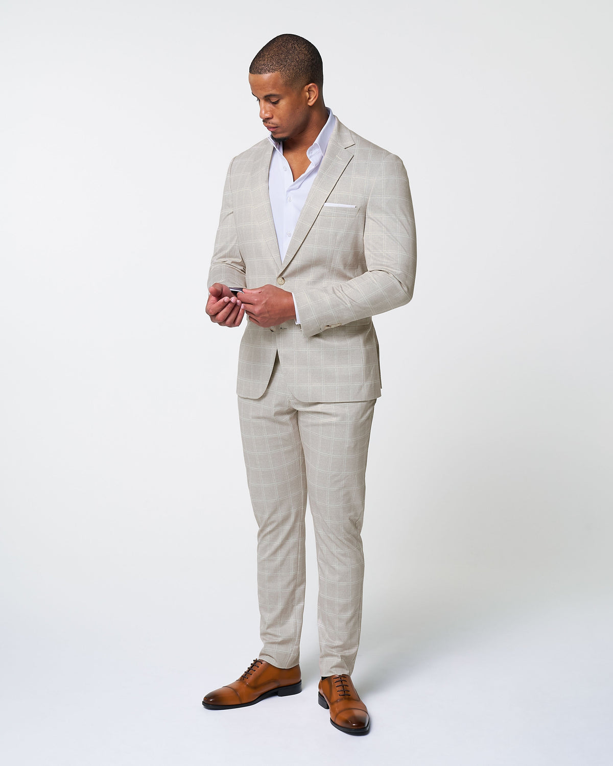 Athletic Fit Stretch Suit - Tan and White Windowpane Suit | State & Liberty Suits