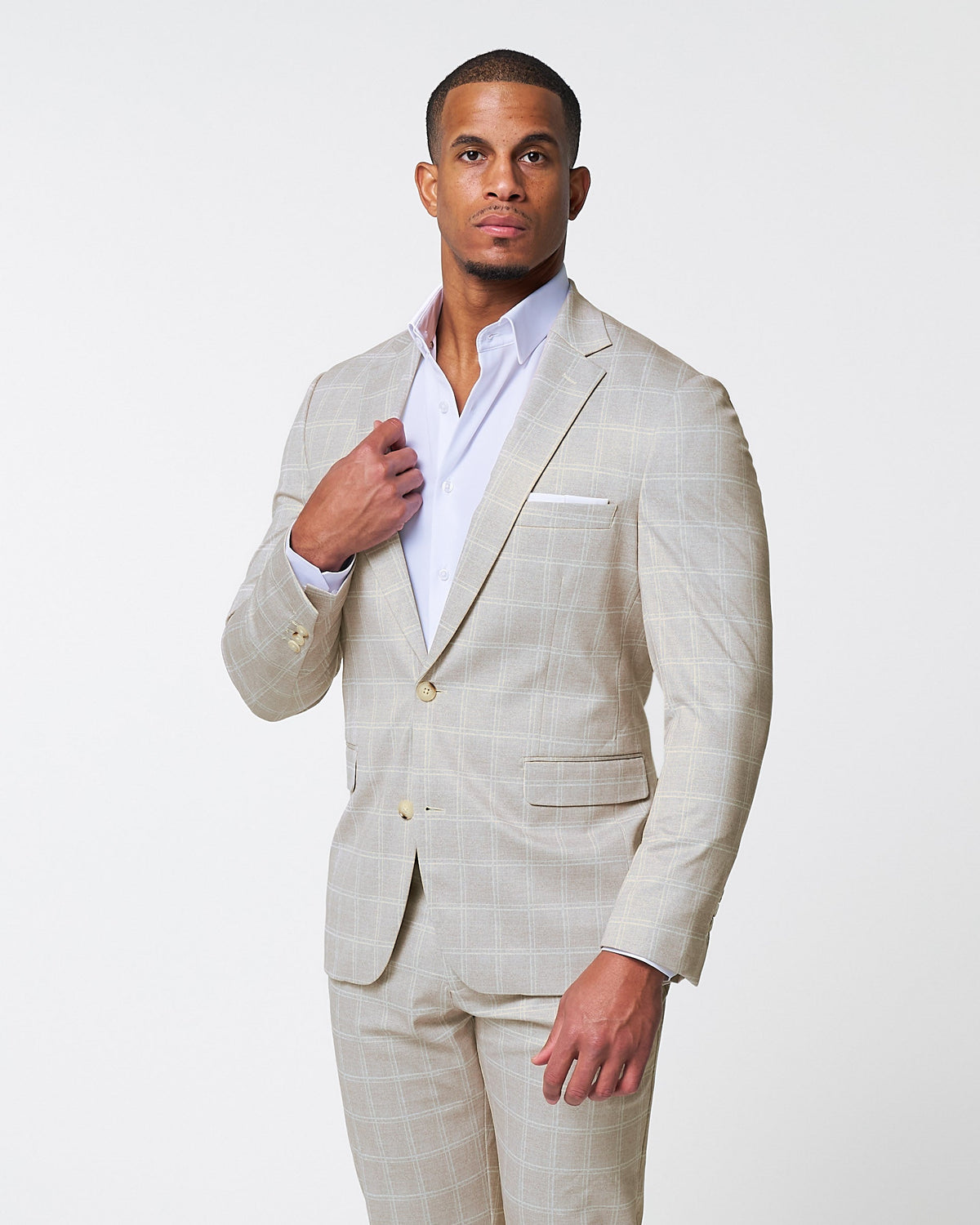 Athletic Fit Stretch Suit - Tan and White Windowpane Suit | State & Liberty Suits
