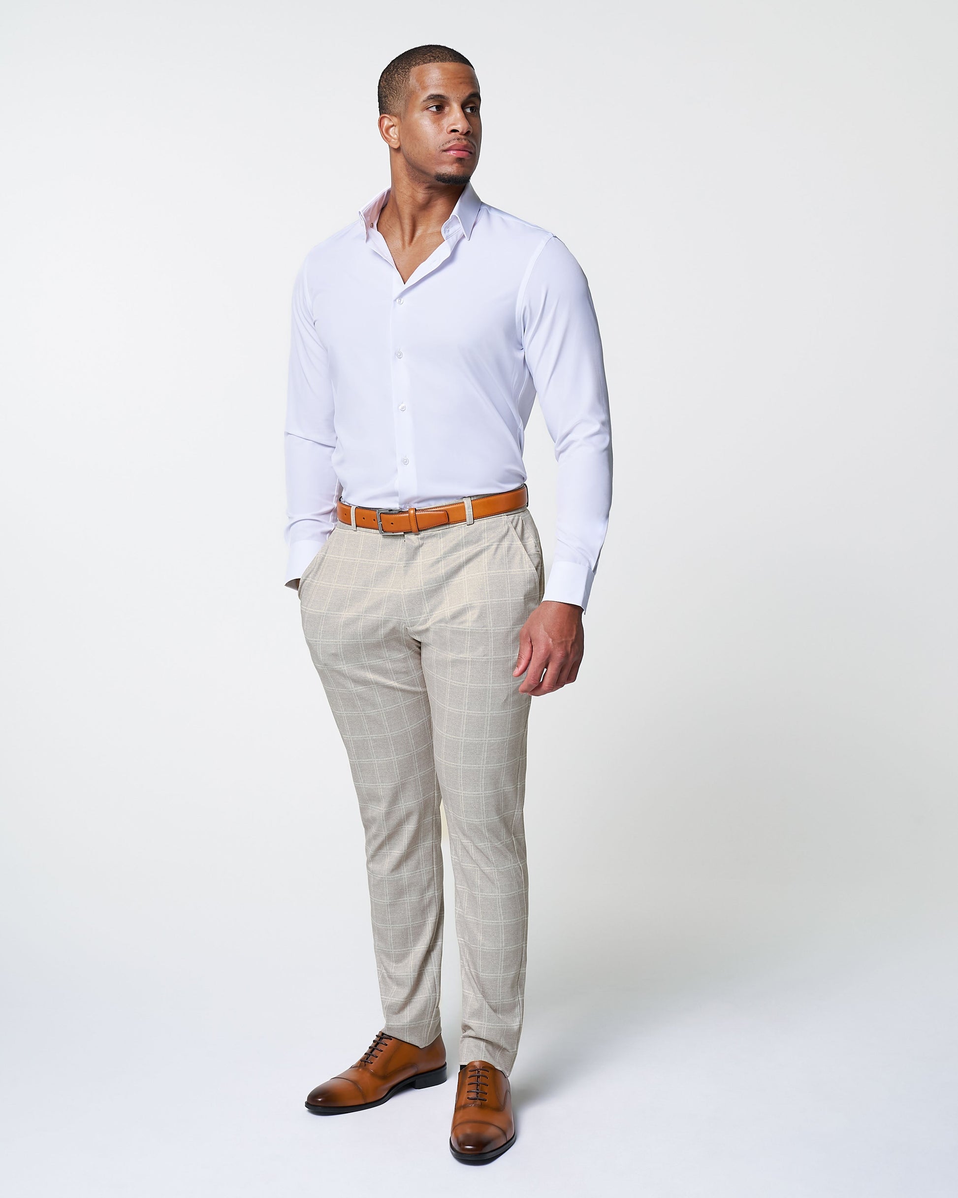 Athletic Fit Stretch Suit - Tan and White Windowpane Suit | State & Liberty Suits