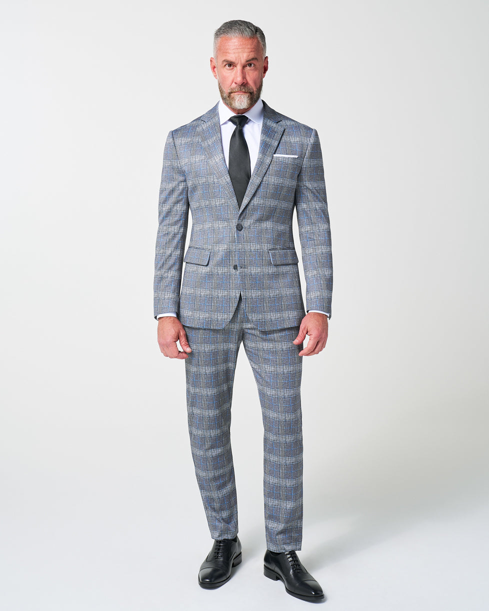 Athletic Fit Stretch Suit - Grey with Blue Plaid | State & Liberty Suits