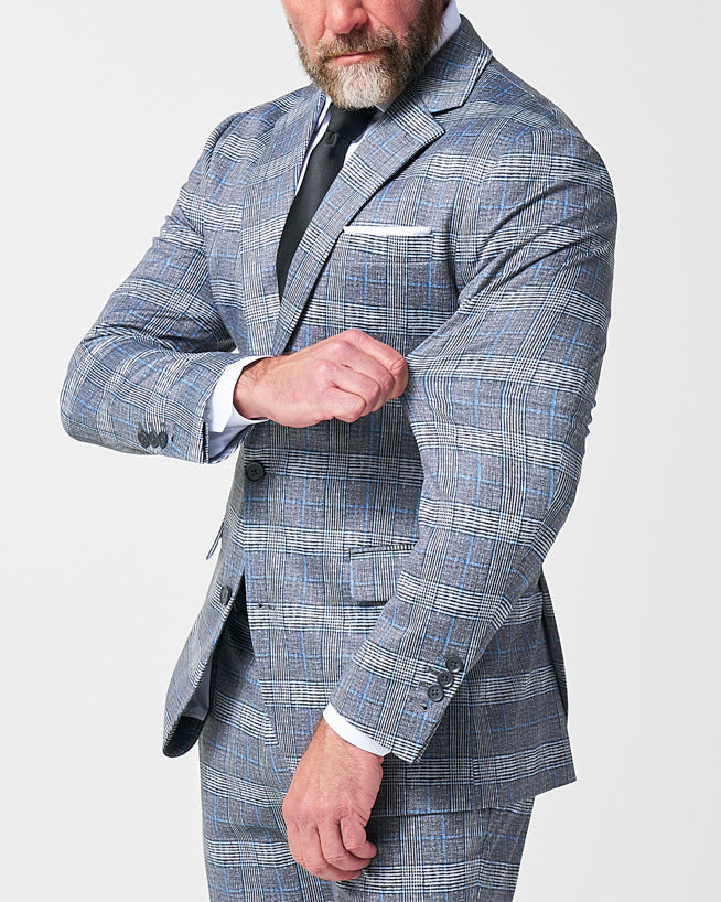 Athletic Fit Stretch Suit - Grey with Blue Plaid | State & Liberty Suits