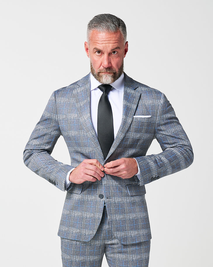 Athletic Fit Stretch Suit - Grey with Blue Plaid | State & Liberty Suits