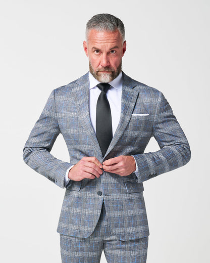 Athletic Fit Stretch Suit - Grey with Blue Plaid | State & Liberty Suits