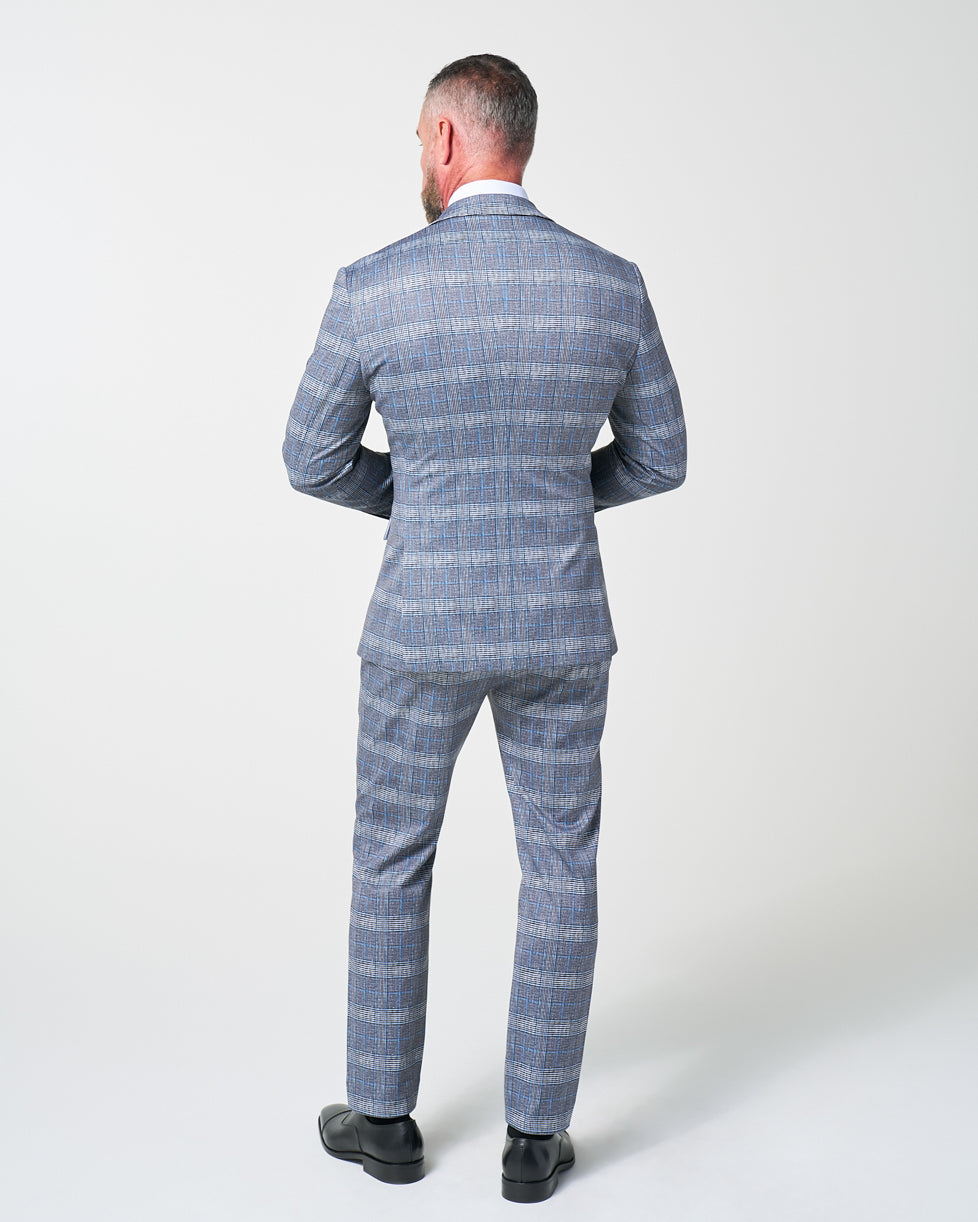 Athletic Fit Stretch Suit - Grey with Blue Plaid | State & Liberty Suits