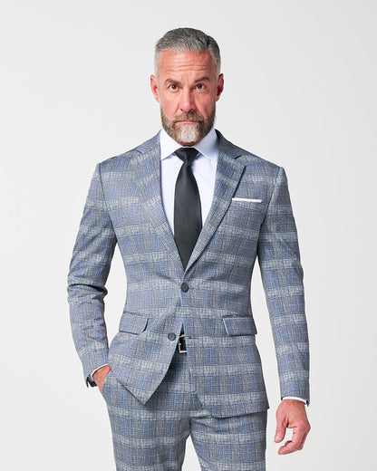 Athletic Fit Stretch Suit - Grey with Blue Plaid | State & Liberty Suits
