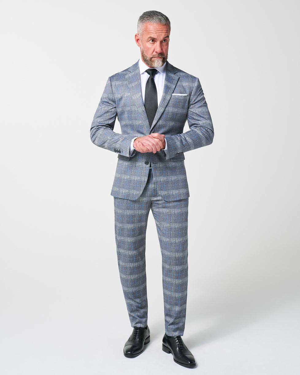 Athletic Fit Stretch Suit - Grey with Blue Plaid | State & Liberty Suits