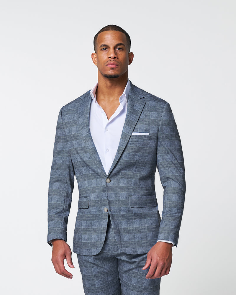 Athletic Fit Stretch Suit - Knit Light Blue, Navy and White Plaid | State & Liberty Suits