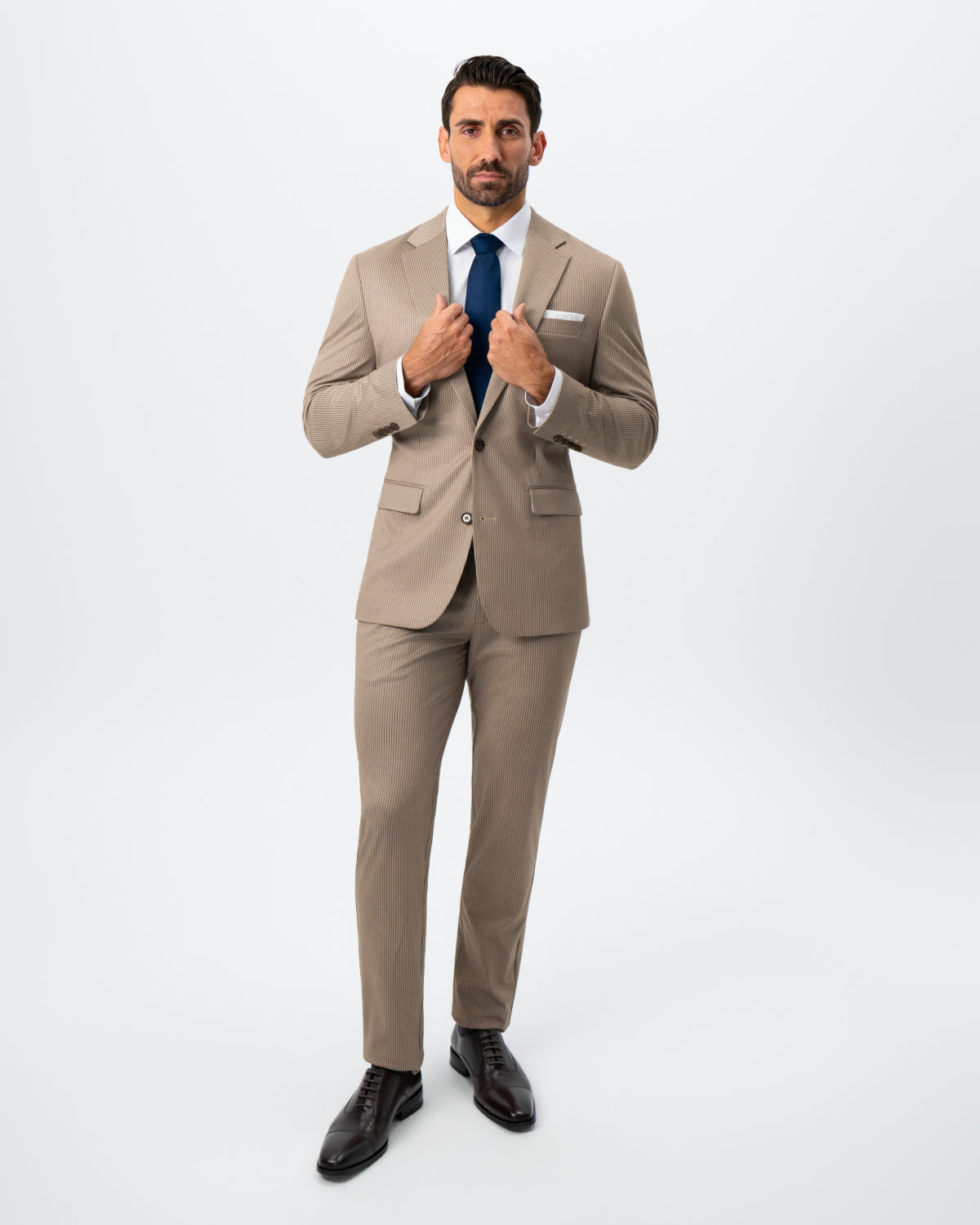 Athletic Fit Stretch Suit - Khaki and Olive Pinstripe | State & Liberty Suits