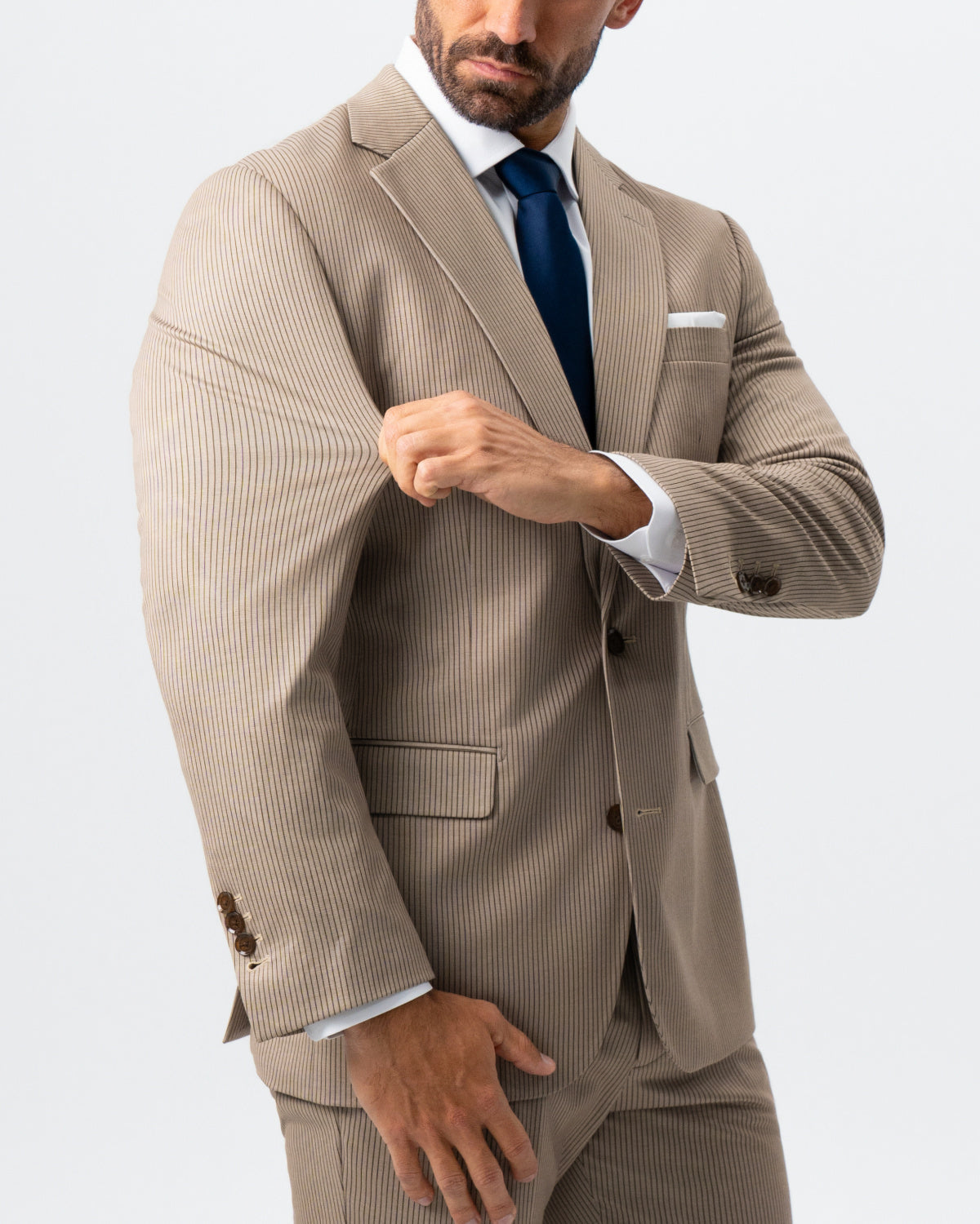 Athletic Fit Stretch Suit - Khaki and Olive Pinstripe | State & Liberty Suits