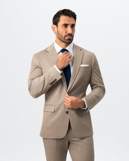 Athletic Fit Stretch Suit - Khaki and Olive Pinstripe | State & Liberty Suits