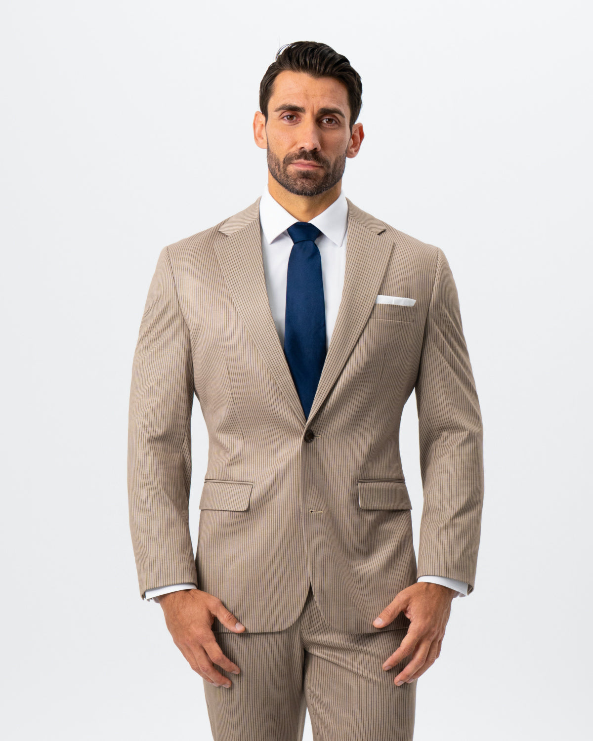 Athletic Fit Stretch Suit - Khaki and Olive Pinstripe | State & Liberty Suits