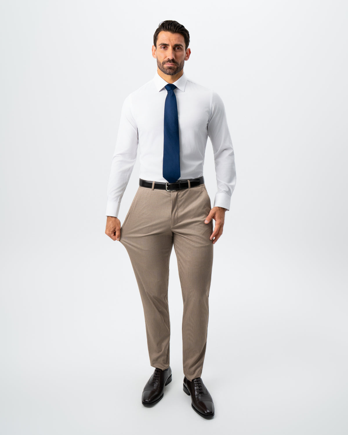 Athletic Fit Stretch Suit - Khaki and Olive Pinstripe | State & Liberty Suits
