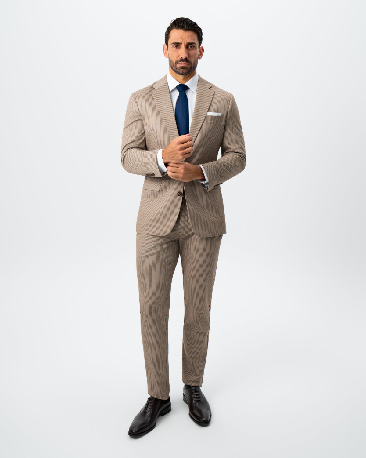 Athletic Fit Stretch Suit - Khaki and Olive Pinstripe | State & Liberty Suits