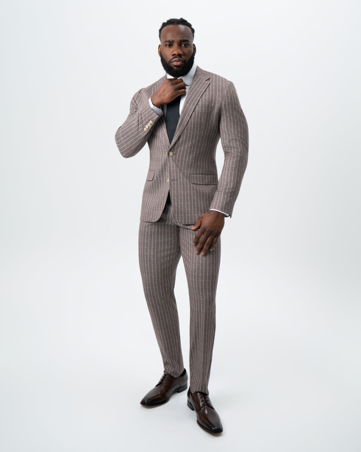 Athletic Fit Stretch Suit - Textured Light Brown with Cream Stripe | State & Liberty Suits