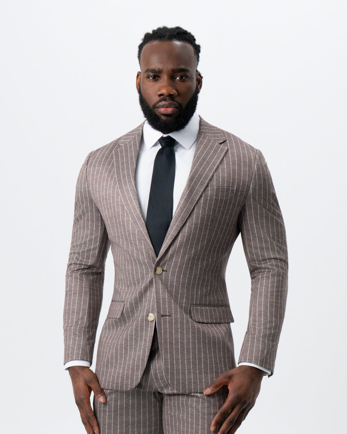 Athletic Fit Stretch Suit - Textured Light Brown with Cream Stripe | State & Liberty Suits