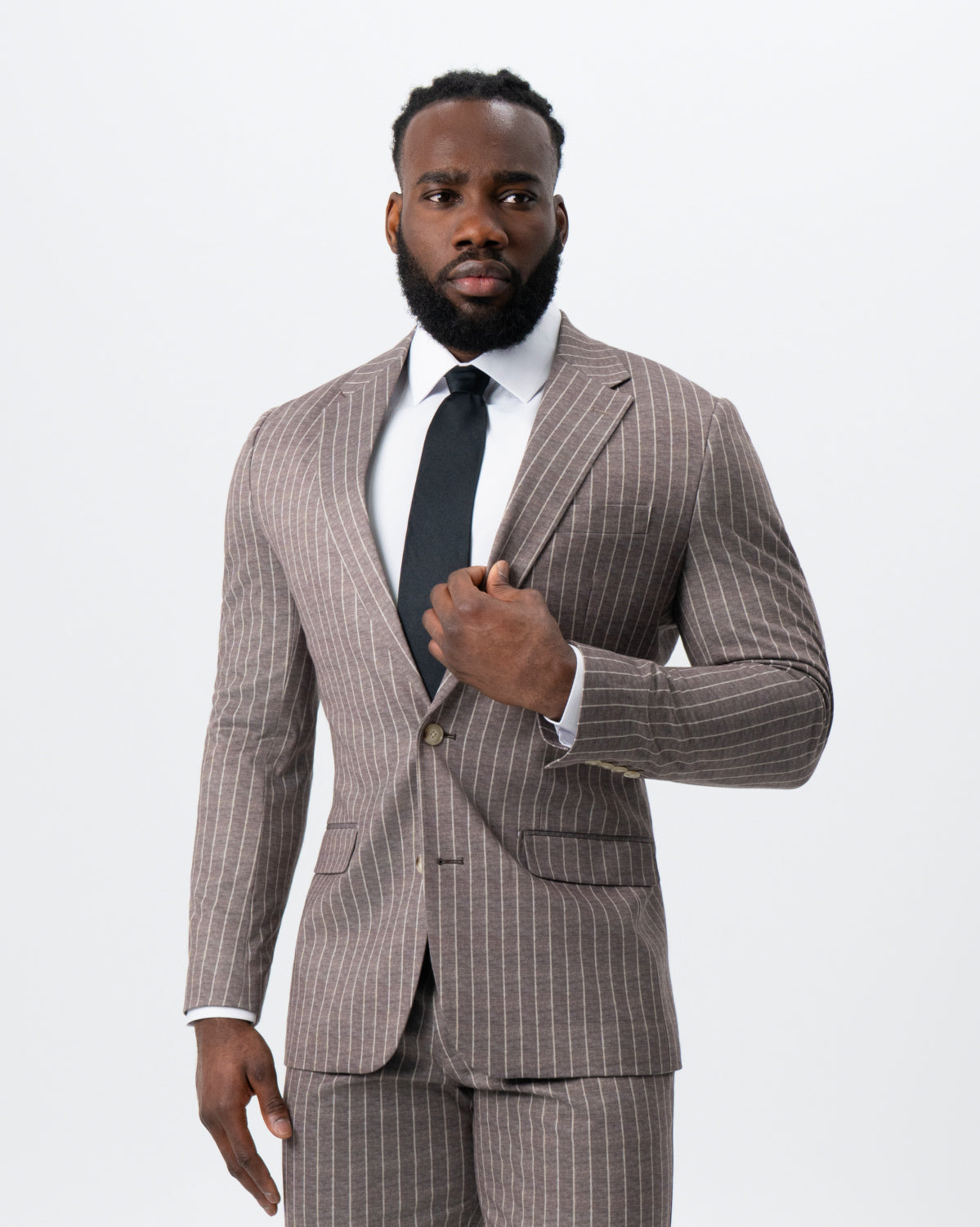 Athletic Fit Stretch Suit - Textured Light Brown with Cream Stripe | State & Liberty Suits