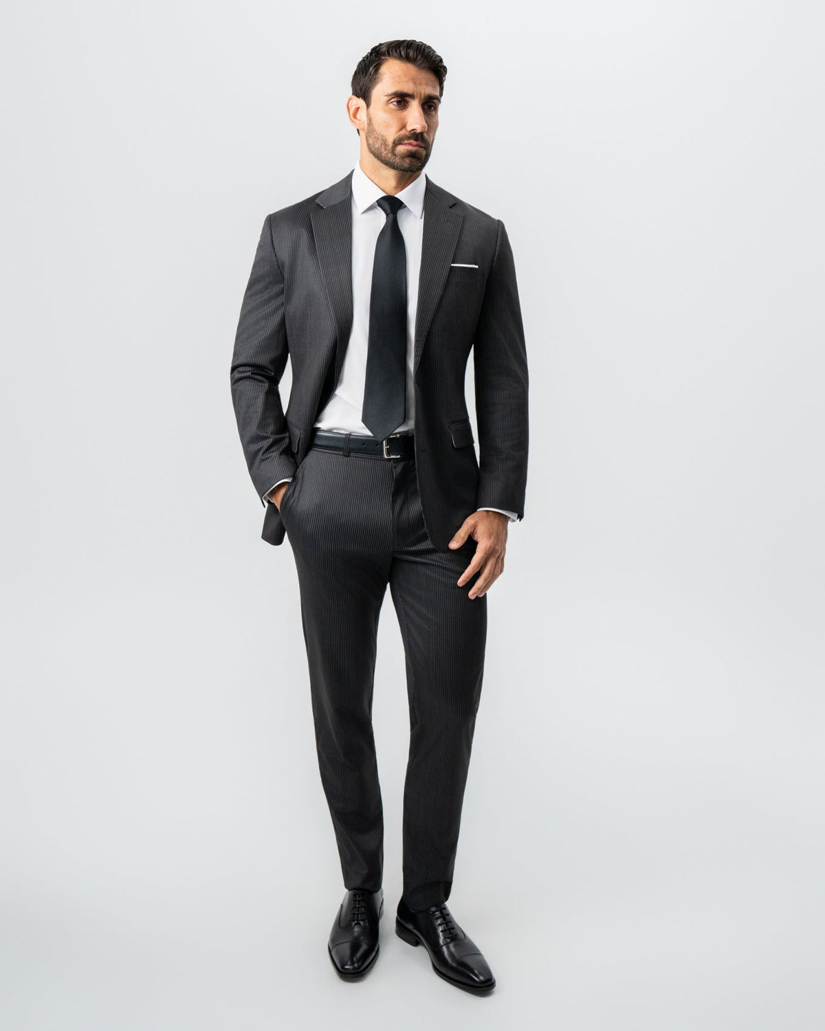Athletic Fit Stretch Suit - Black and White Chalk Pinstripe | State & Liberty Suits