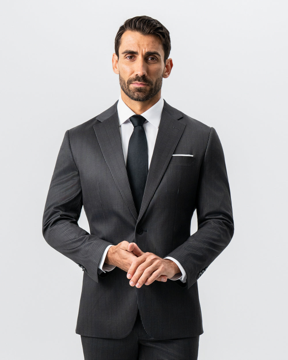 Athletic Fit Stretch Suit - Black and White Chalk Pinstripe | State & Liberty Suits
