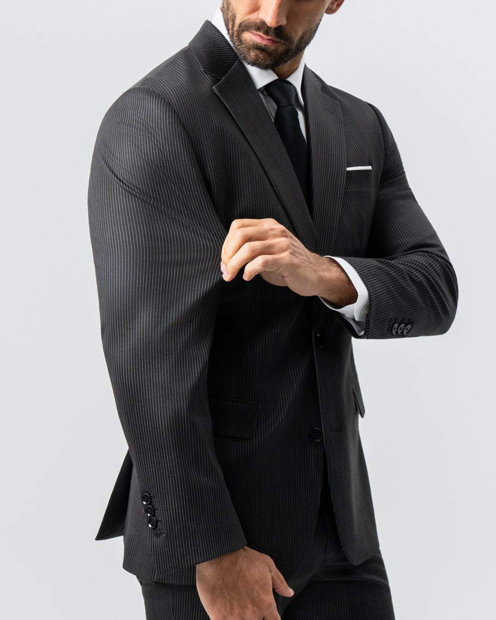 Athletic Fit Stretch Suit - Black and White Chalk Pinstripe | State & Liberty Suits