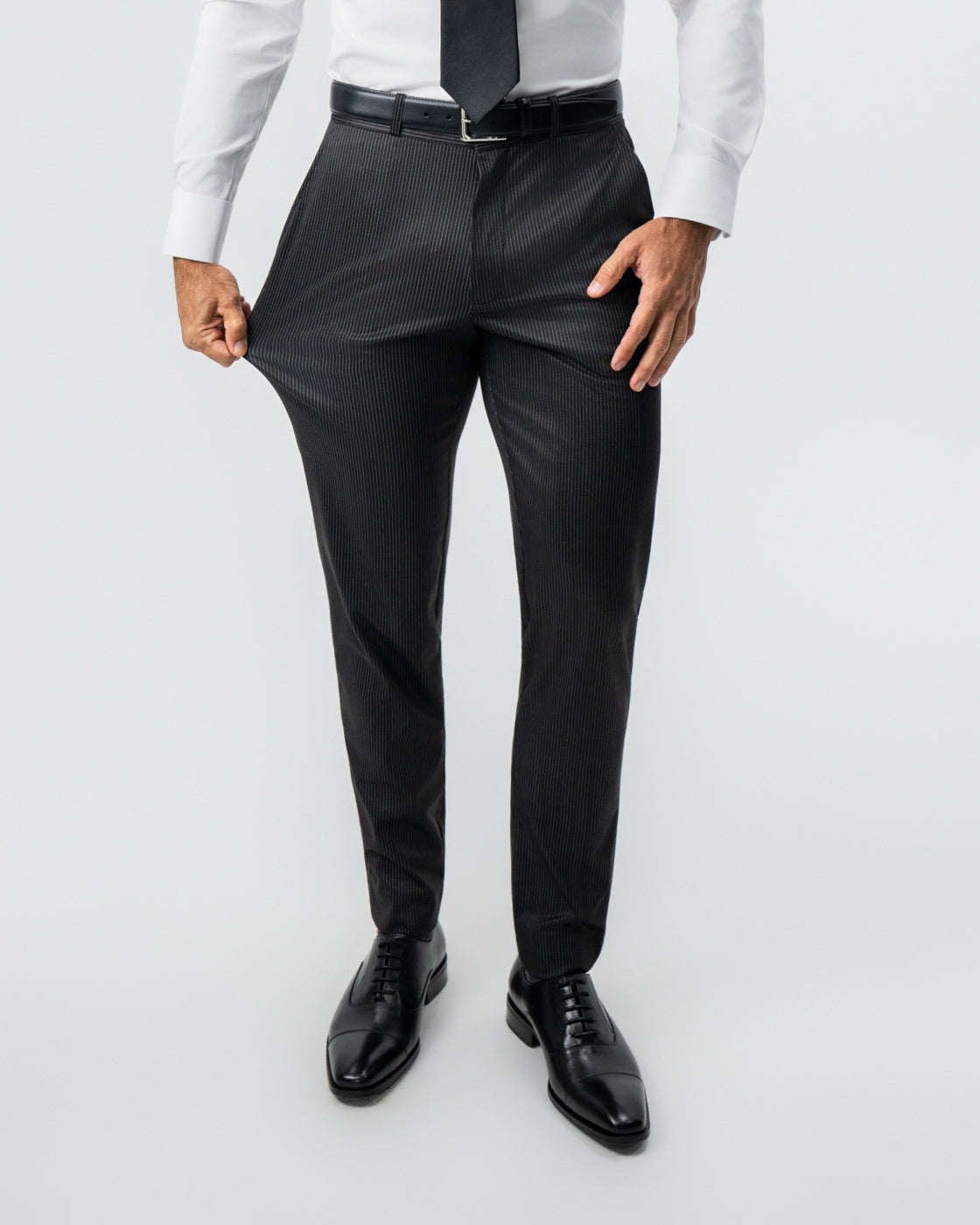 Athletic Fit Stretch Suit - Black and White Chalk Pinstripe | State & Liberty Suits