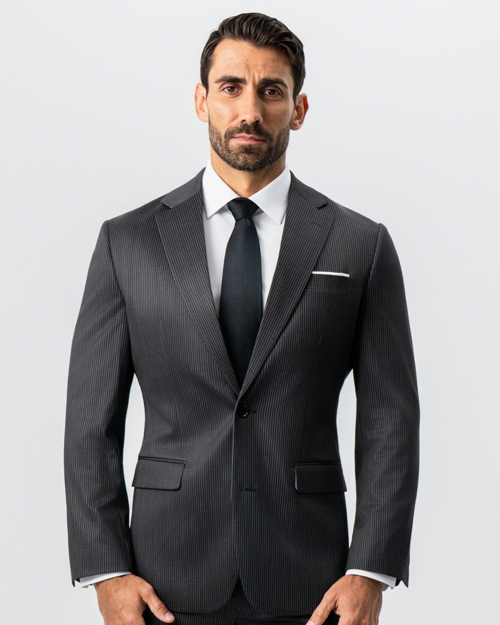 Athletic Fit Stretch Suit - Black and White Chalk Pinstripe | State & Liberty Suits
