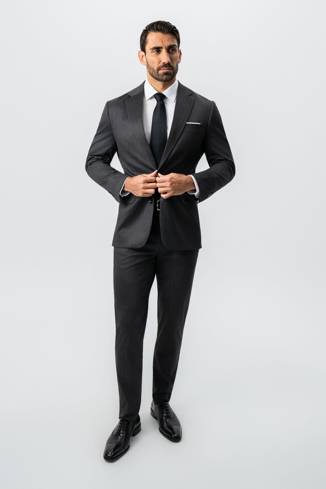 Athletic Fit Stretch Suit - Black and White Chalk Pinstripe | State & Liberty Suits