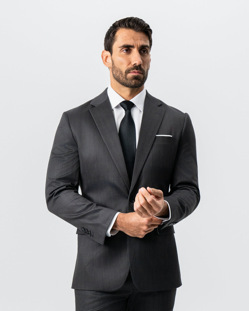Athletic Fit Stretch Suit - Black and White Chalk Pinstripe | State & Liberty Suits