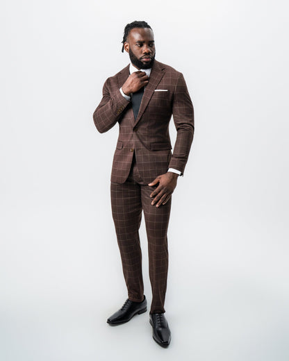 Athletic Fit Stretch Suit - Mocha with Brown Windowpane | State & Liberty Suits