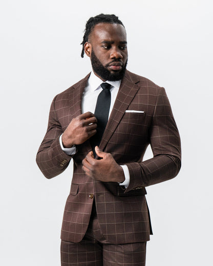 Athletic Fit Stretch Suit - Mocha with Brown Windowpane | State & Liberty Suits
