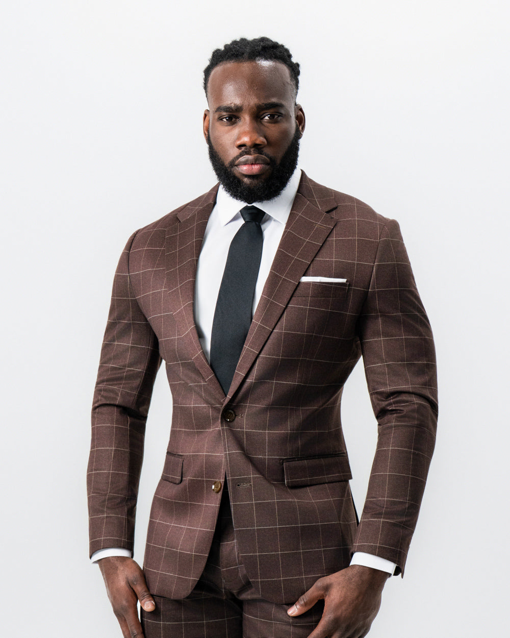 Athletic Fit Stretch Suit - Mocha with Brown Windowpane | State & Liberty Suits