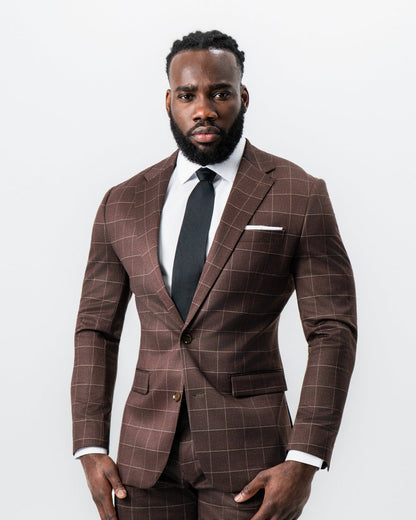 Athletic Fit Stretch Suit - Mocha with Brown Windowpane | State & Liberty Suits