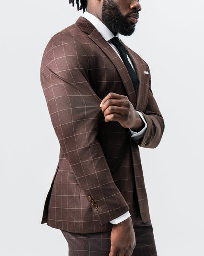 Athletic Fit Stretch Suit - Mocha with Brown Windowpane | State & Liberty Suits