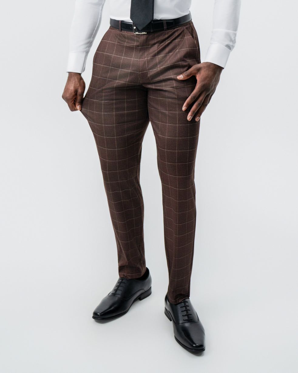 Athletic Fit Stretch Suit - Mocha with Brown Windowpane | State & Liberty Suits