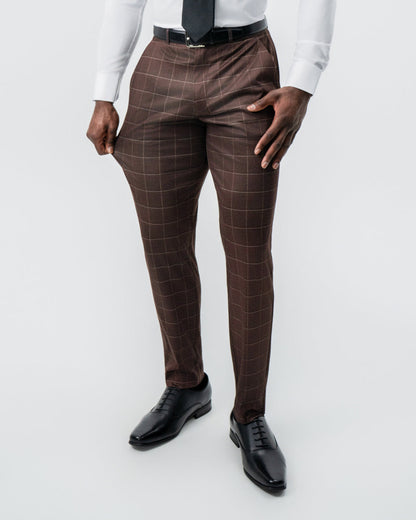 Athletic Fit Stretch Suit - Mocha with Brown Windowpane | State & Liberty Suits