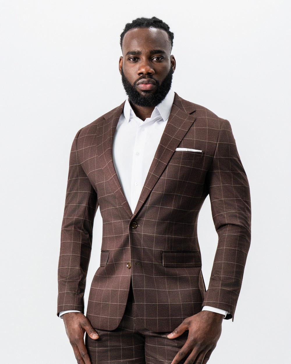 Athletic Fit Stretch Suit - Mocha with Brown Windowpane | State & Liberty Suits