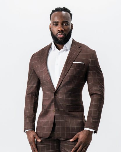 Athletic Fit Stretch Suit - Mocha with Brown Windowpane | State & Liberty Suits