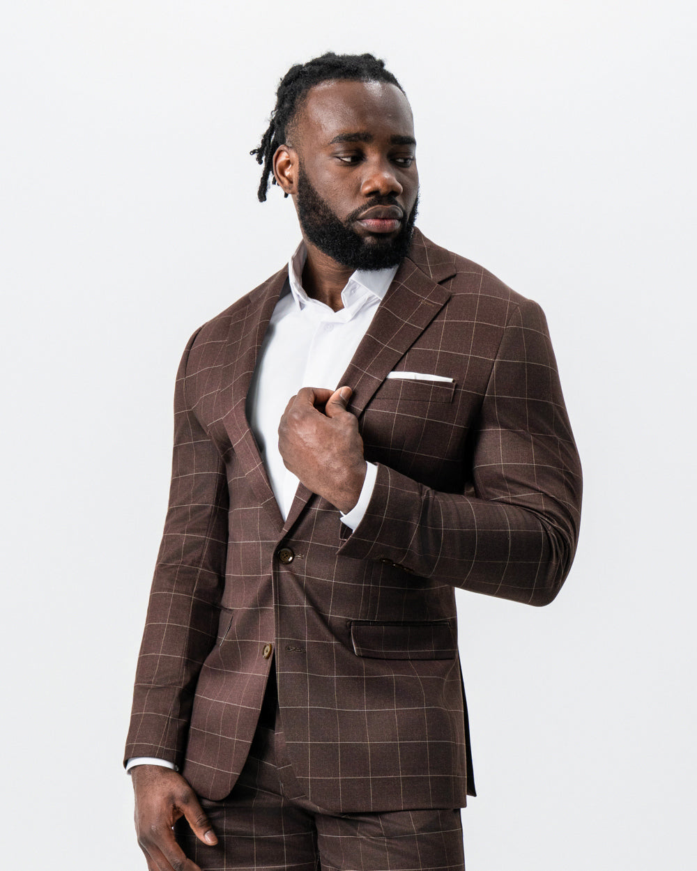 Athletic Fit Stretch Suit - Mocha with Brown Windowpane | State & Liberty Suits