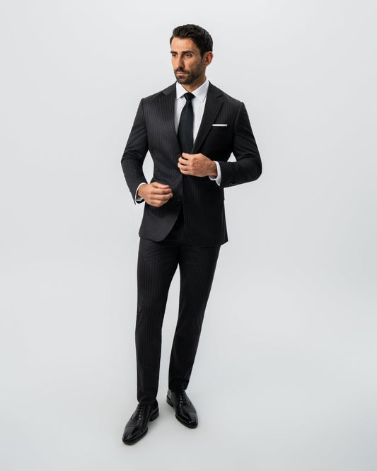 Athletic Fit Stretch Suit - Charcoal with Light Grey Stripe | State & Liberty Suits