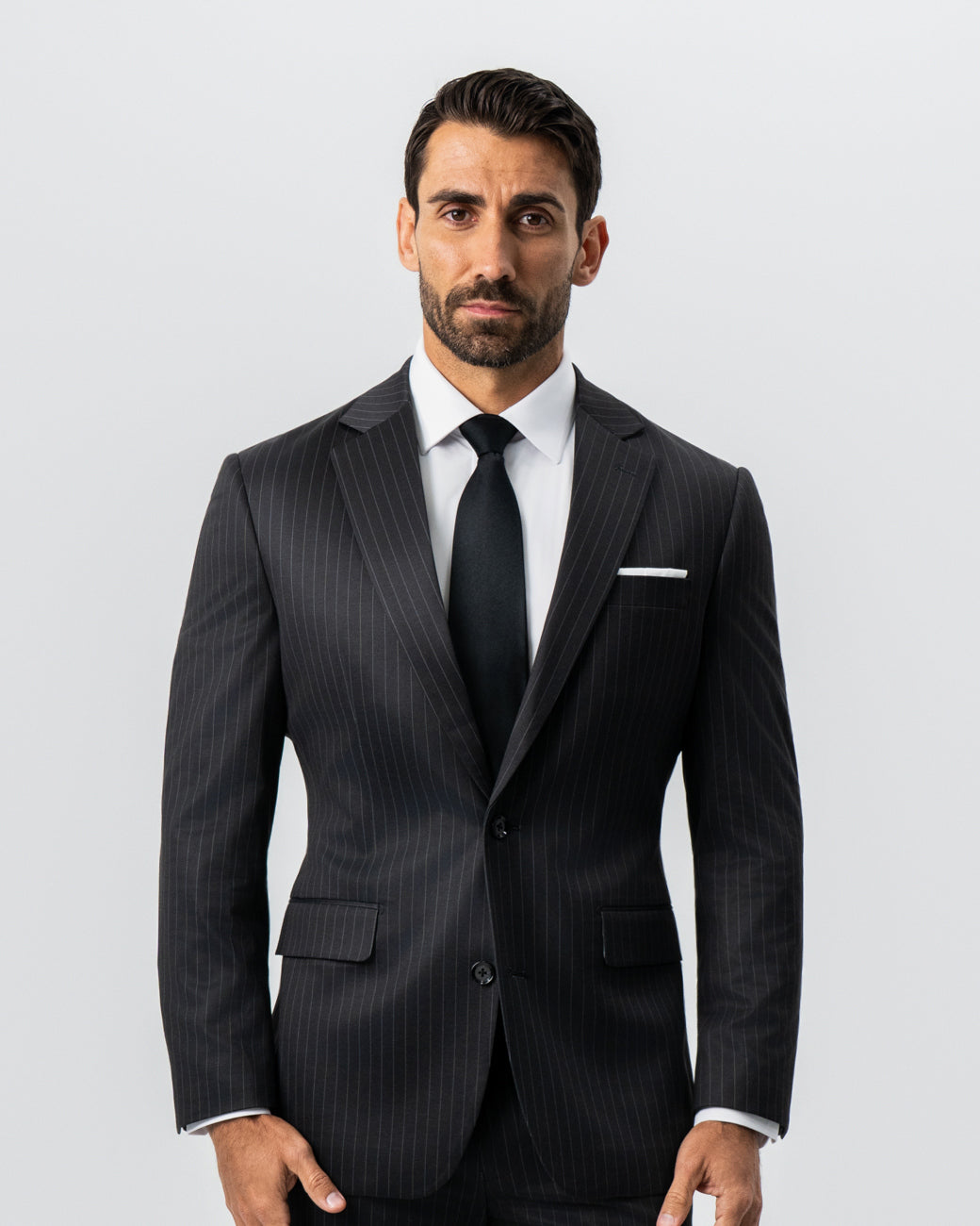 Athletic Fit Stretch Suit - Charcoal with Light Grey Stripe | State & Liberty Suits