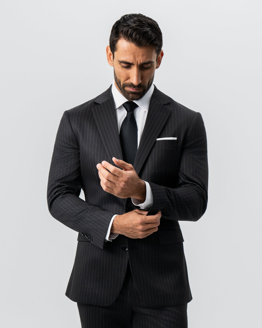 Athletic Fit Stretch Suit - Charcoal with Light Grey Stripe | State & Liberty Suits