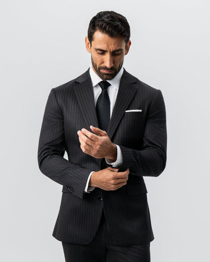 Athletic Fit Stretch Suit - Charcoal with Light Grey Stripe | State & Liberty Suits