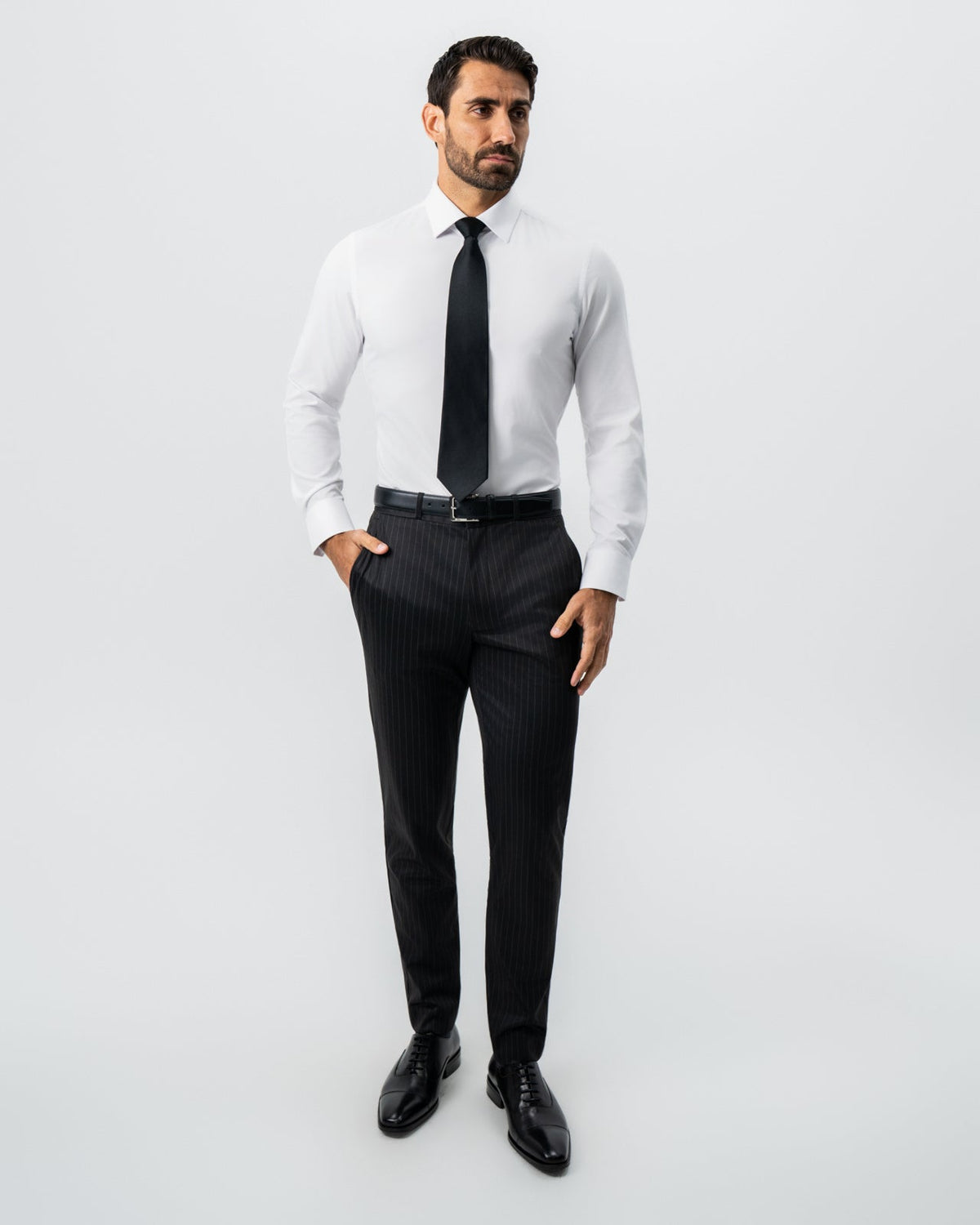 Athletic Fit Stretch Suit - Charcoal with Light Grey Stripe | State & Liberty Suits