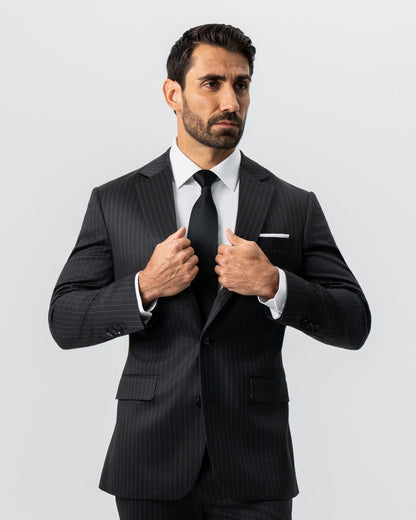 Athletic Fit Stretch Suit - Charcoal with Light Grey Stripe | State & Liberty Suits